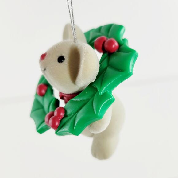 Vintage Avon Flocked Mouse with Wreath Christmas Ornament Tree Trimmer Friends - Picture 2 of 4